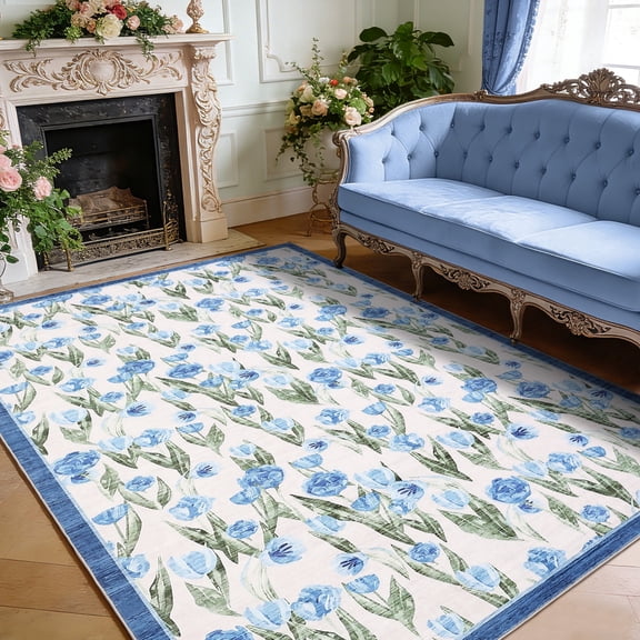 Garvee 8'x10' Floral Area Rug Farmhouse Printed Carpet, Washable Low Pile Rug Stain Resistant Indoor Mats with Non Slip Backing for Living Room Bedroom Home Office, Blue