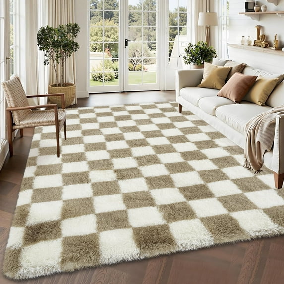 Garvee 8'x10' Fluffy Area Rugs Soft Luxury Shag Carpet, Modern Checkered Shaggy Rugs Christmas Rug with Non Slip Backing for Living Room Bedroom Home Decor, Coffee