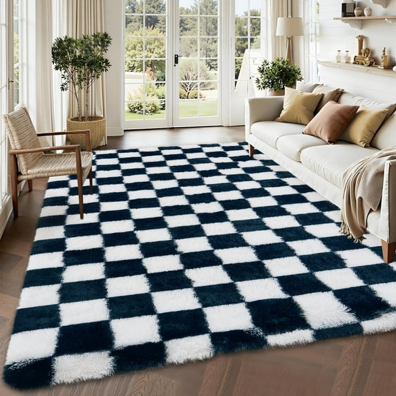 Garvee 8'x10' Fluffy Area Rugs Soft Luxury Shag Carpet, Modern Checkered Shaggy Rugs Christmas Rug with Non Slip Backing for Living Room Bedroom Home Decor, Navy