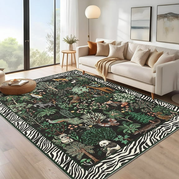 Garvee 8'x10' Forest Jungle Area Rug Animal Print Carpet, Washable Rug Non-Slip Non-Shedding Modern Floor Mats for Living Room Bedroom Home Decor, Black