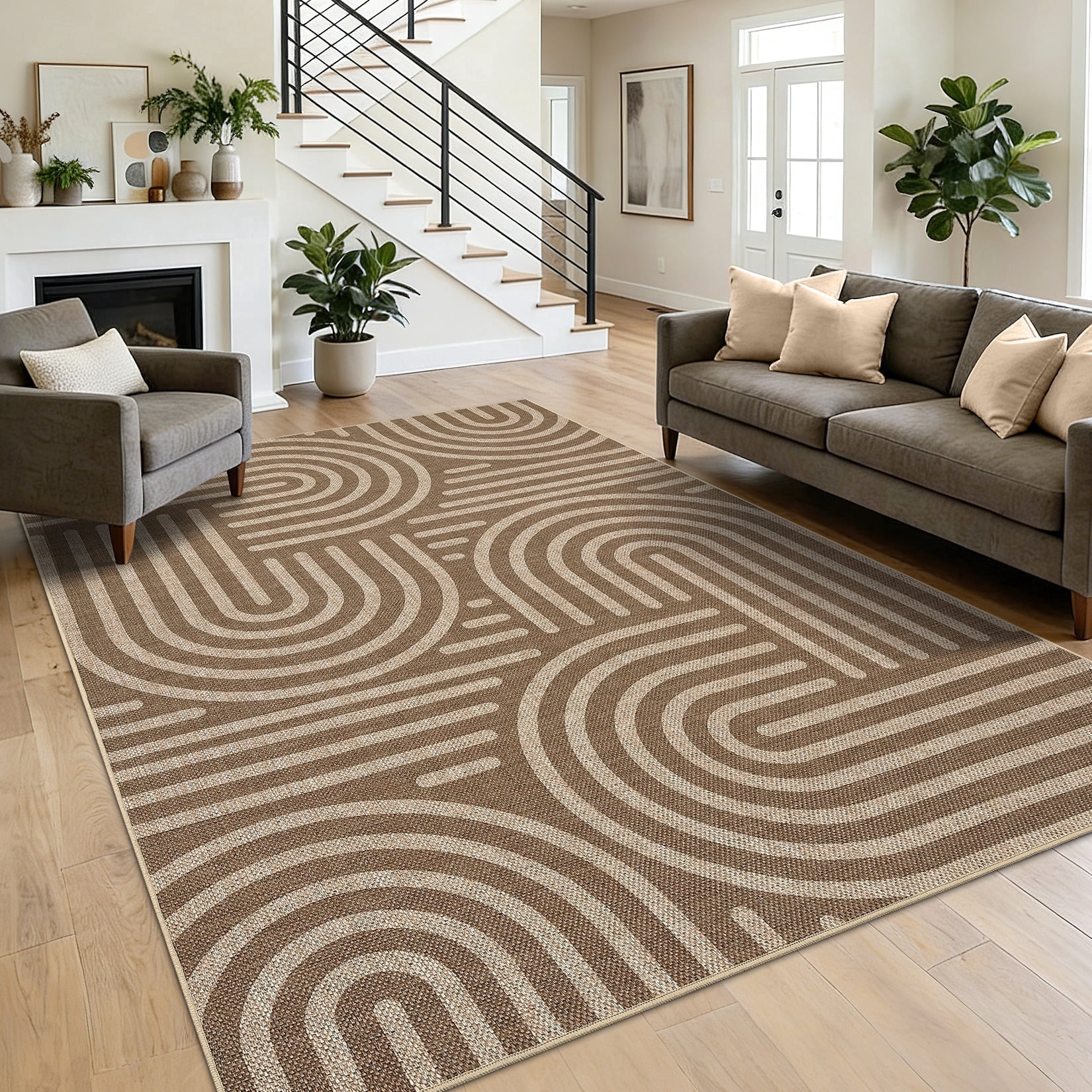 Garvee 8'x10' Geometric Area Rug Easy Jute Carpet, Abstract Washable Rug Rainbow Non Slip Indoor Outdoor Accent Rug for Living Room Bedroom Dining Room Balcony Patio, Brown