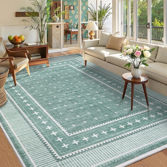 Garvee 8'x10' Geometric Bordered Area Rug Boho Rug, Washable Non Slip Indoor Carpet for Living Room Bedroom Home Office, Green