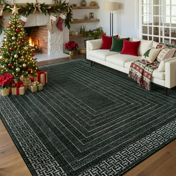 Garvee 8'x10' Geometric Bordered Area Rug Contemporary Indoor Carpet, Washable Rug Non Slip Low Pile Rug for Living Room Bedroom Dining Room, Black