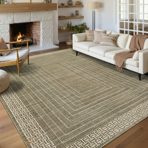 Garvee 8'x10' Geometric Bordered Area Rug Contemporary Indoor Carpet, Washable Rug Non Slip Low Pile Rug for Living Room Bedroom Dining Room, Brown