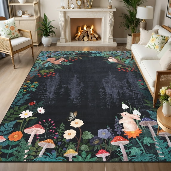 Garvee 8'x10' Jungle Animal Print Area Rug for Living Room, Washable Rugs Soft Non Slip Bedroom Carpet Farmhouse Low Pile Floor Mat for Dining Room, Black