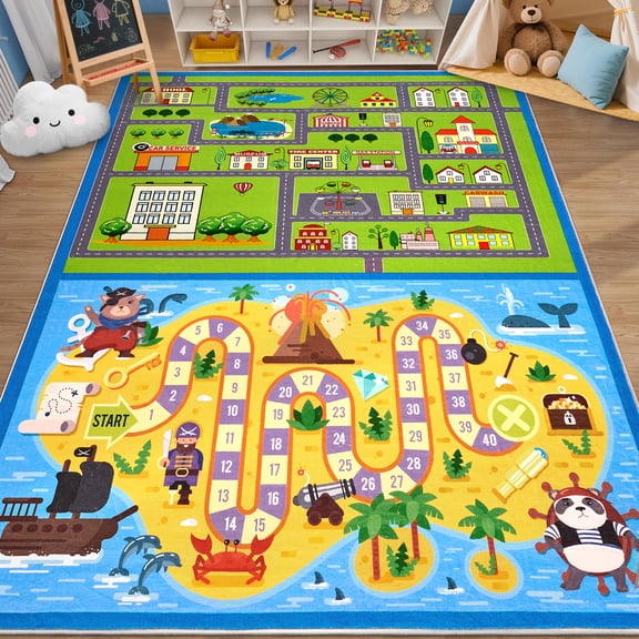 Garvee 8'x10' Kid Rug Carpet City Road Race Track Kids Play Rug, Pirate Theme Washable Non-Slip Playroom Rugs Carpet for Kids Room Playroom Classroom Decor