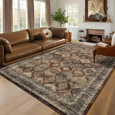 Garvee 8'x10' Large Area Rug for Living Room Vintage Rug Geometric Rug Non Slip Low Pile Indoor Bedroom Rug, Red