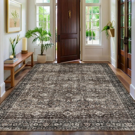 Garvee 8'x10' Large Vintage Area Rug, Non Slip Machine Washable Traditional Persian Rug, Low Pile Boho Floral Rugs Carpet for Bedroom Dining Room Home Office, Brown