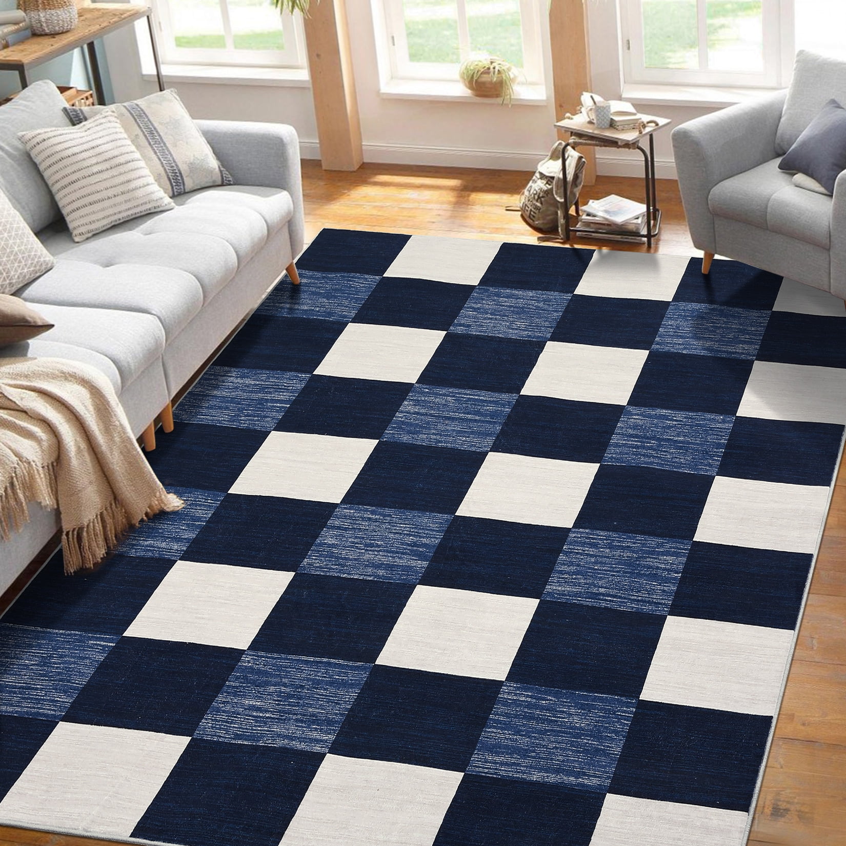 Garvee 8'x10' Living Room Rug Modern Geometric Rug Stain-Resistant Lightweight Rugs Plaid Rugs for Dining Room Home Office, Navy Blue