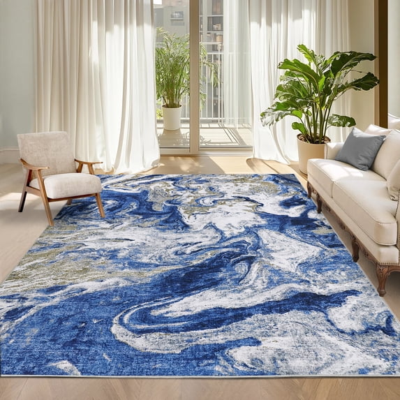 Garvee 8'x10' Modern Abstract Area Rug Washable Rug with Non Slip Backing, Low Pile Stain Resistant Indoor Carpet for Living Room Bedroom Dining Room, Blue