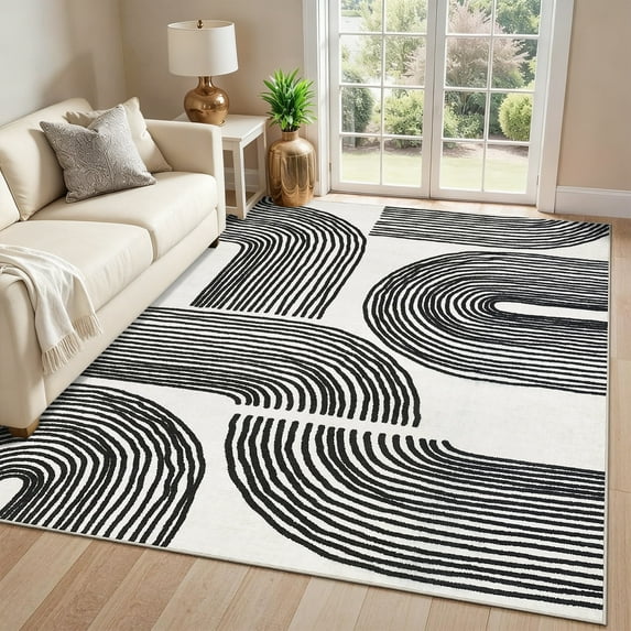 Garvee 8'x10' Modern Abstract Area Rug Washable Rugs, Rainbow Stripe Carpet with Non-Slip Backing Low Pile Floor Mat for Living Room Bedroom Home Office, Black