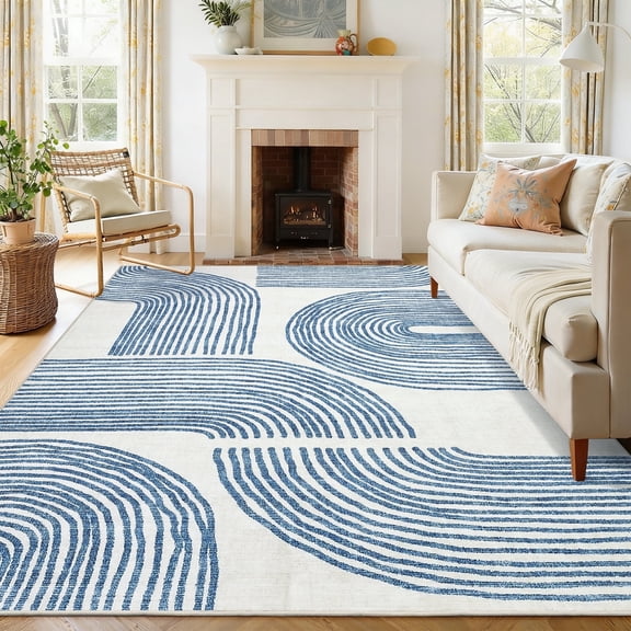 Garvee 8'x10' Modern Abstract Area Rug Washable Rugs, Rainbow Stripe Carpet with Non-Slip Backing Low Pile Floor Mat for Living Room Bedroom Home Office, Blue