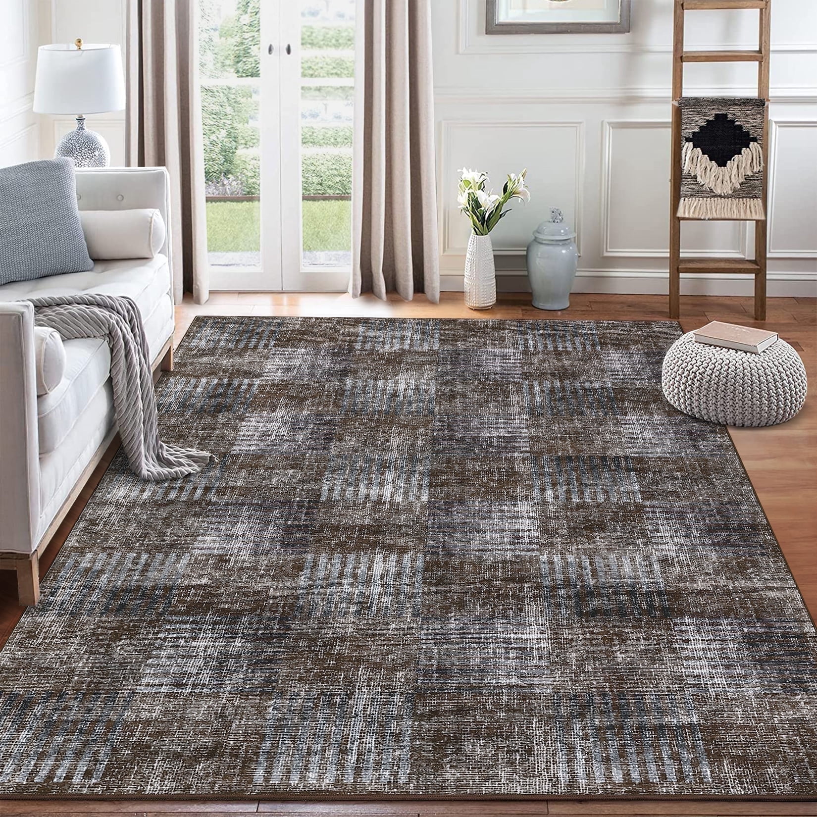 Garvee 8x10 Area Rug Modern Plaid Checkered Rug, Washable Rugs Soft Neutral Indoor Carpet Solid Rug Non Slip Low Pile Rug for Living Room Bedroom Dining Room Office, Brown
