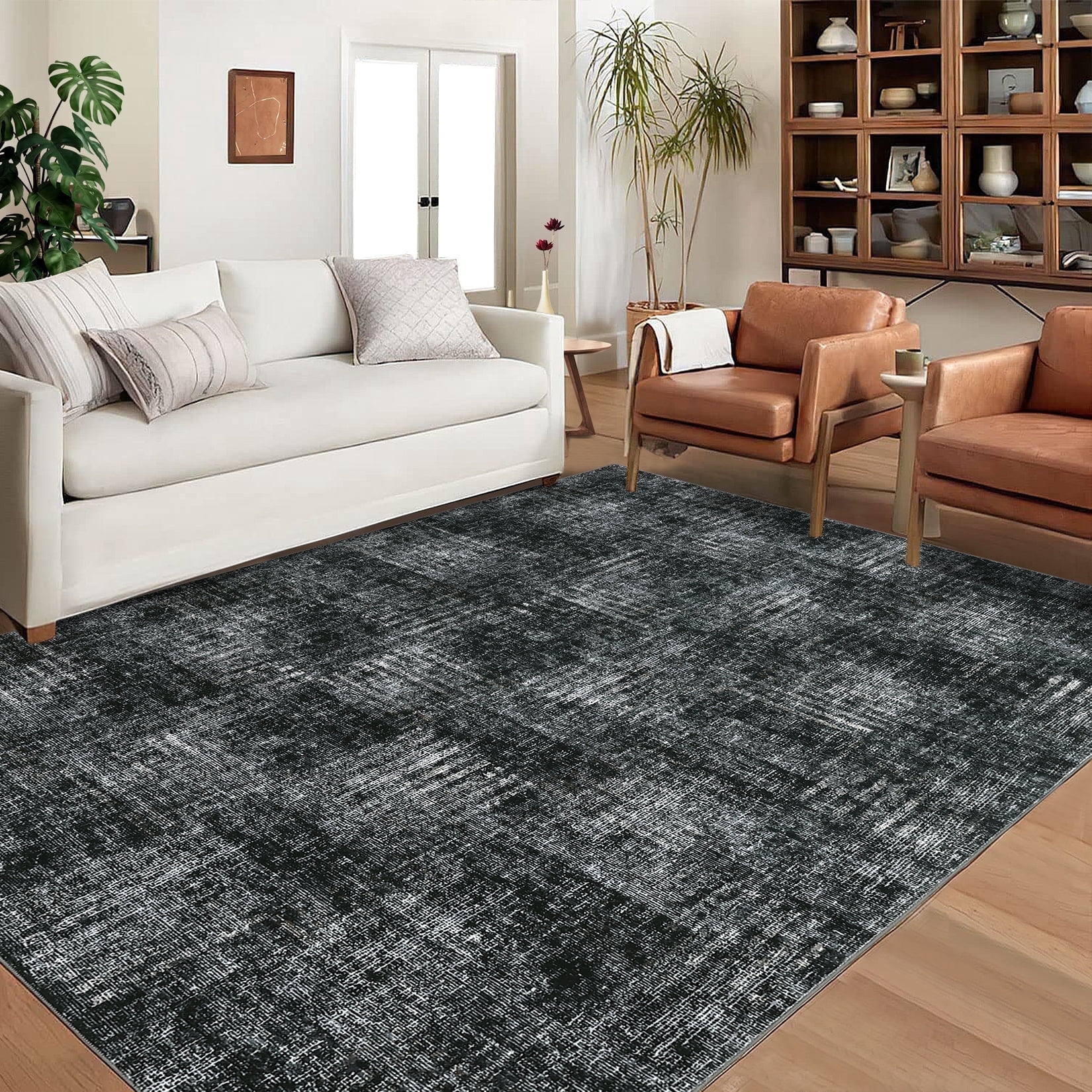 Garvee 8x10 Area Rug Modern Plaid Checkered Rug, Washable Rugs Soft Neutral Indoor Carpet Solid Rug Non Slip Low Pile Rug for Living Room Bedroom Dining Room Office, Gray