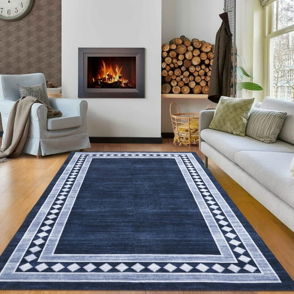 Garvee 8'x10' Modern Area Rug Solid Bordered Rugs, Washable Geometric Neutral Accent Carpet with Non-Slip Backing, Low Pile Stain-Resistant Rug for Living Room Dining Room Home Office, Blue