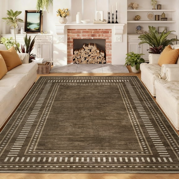 Garvee 8'x10' Modern Bordered Area Rug Geometric Carpet, Washable Non Slip Rug for Living Room Bedroom Home Decor, Brown