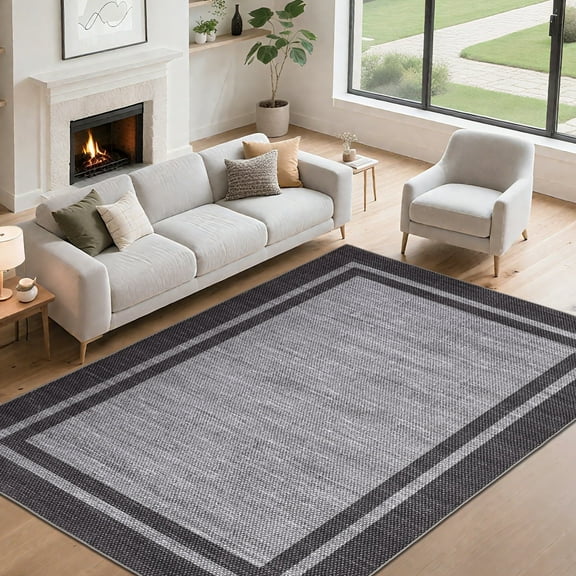 Garvee 8'x10' Modern Bordered Area Rug Solid Rugs, Washable Rugs Neutral Minimalist Carpet with Non Slip Backing Soft Thin Low Pile Rugs for Living Room Bedroom Home Decor, Gray