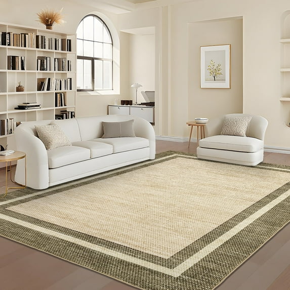 Garvee 8'x10' Modern Bordered Area Rug Solid Rugs, Washable Rugs Neutral Minimalist Carpet with Non Slip Backing Soft Thin Low Pile Rugs for Living Room Bedroom Home Decor, Bean Green