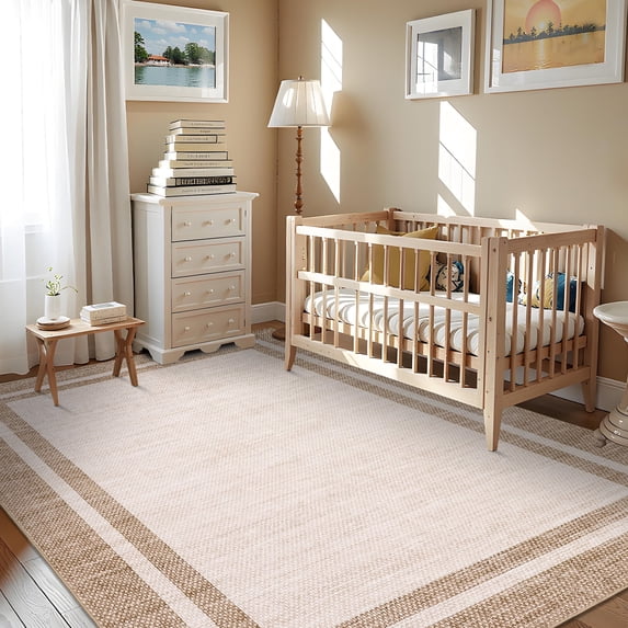 Garvee 8'x10' Modern Bordered Area Rug Solid Rugs, Washable Rugs Neutral Minimalist Carpet with Non Slip Backing Soft Thin Low Pile Rugs for Living Room Bedroom Home Decor, Beige Pink