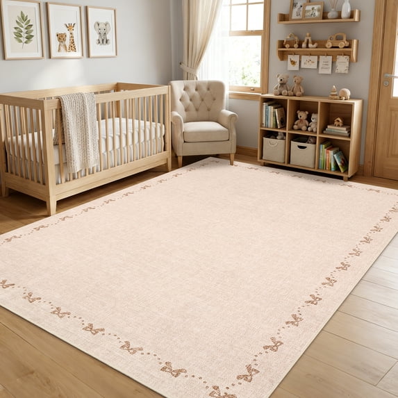 Garvee 8'x10' Modern Bordered Bow Area Rug Solid Washable Rug, Soft Non Slip Low Pile Indoor Mat for Living Room Bedroom Home Office, Beige