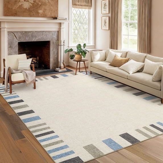 Garvee 8'x10' Modern Bordered Striped Area Rug Washable Geometric Carpet, Low Profile Non Slip Rug for Bedroom Living Room Dining Room, Beige