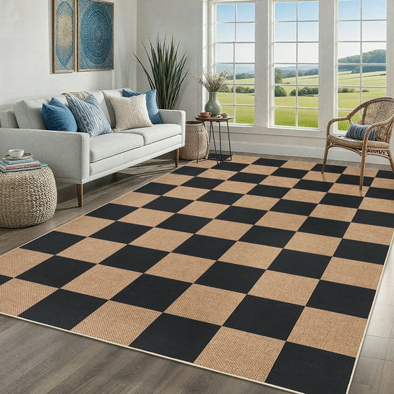 Garvee 8'x10' Modern Checkered Area Rug Easy Jute Carpet, Non Slip Non Shedding Washable Rug Farmhouse Floor Cover for Living Room Bedroom Home Office, Black Coffee