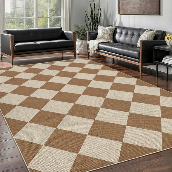 Garvee 8'x10' Modern Checkered Area Rug Washable Geometric Carpet, Contemporary Accent Rug Non Slip Low Pile Indoor Outdoor Floor Mats for Bedroom Living Room Home Office, Coffee
