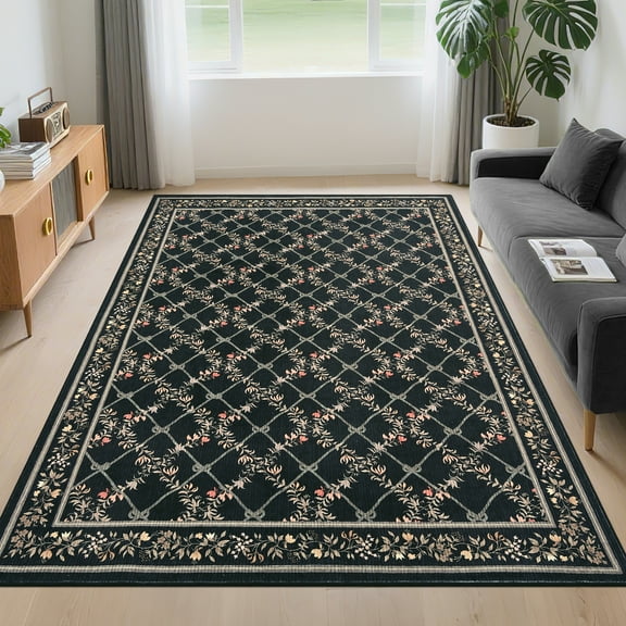 Garvee 8'x10' Modern Floral Area Rugs Diamond Printed Carpet, Washable Rug Ultra-Soft Low Pile Non Slip Rug for Living Room Bedroom Dining Room, Black