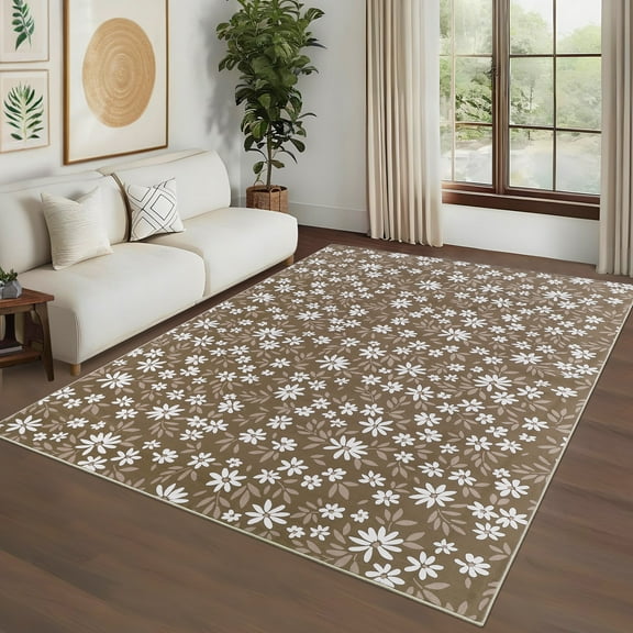 Garvee 8'x10' Modern Floral Pattern Area Rug, Machine Washble Rug Low Pile Floor Soft Carpet Non-Slip Stain Resistant Rug for Living RooM Bedroom Home Decor, Brown