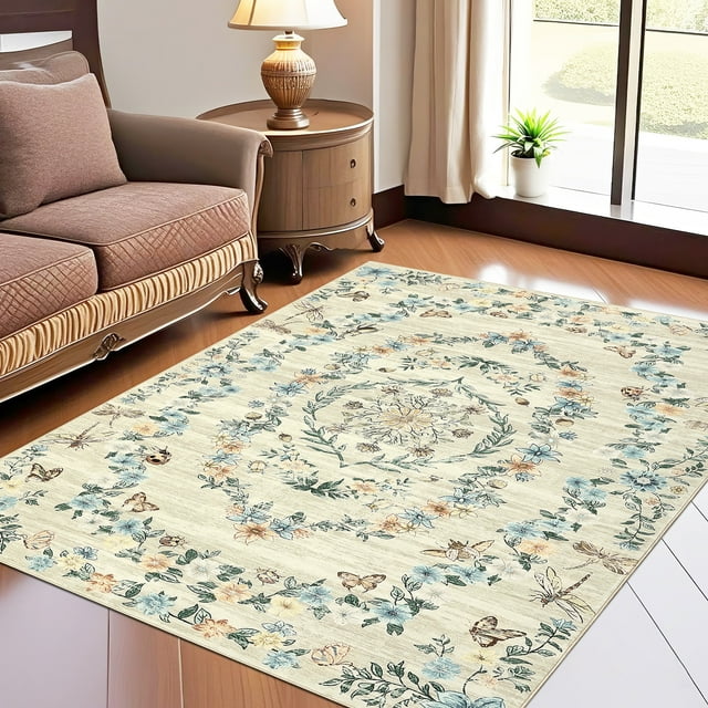 Garvee 8'x10' Modern Floral Print Area Rug Boho Rugs, Non-Slip Washable Rug Stain Resistant Low Pile Indoor Carpet for Living Room Bedroom Home Decor, Beige