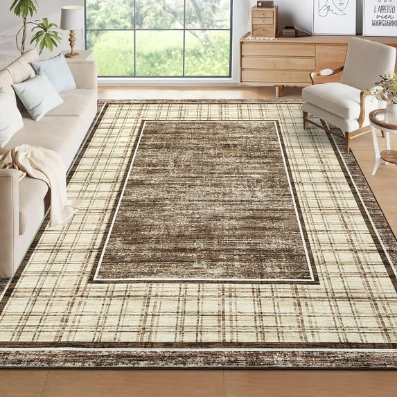 Garvee 8'x10' Modern Geometric Area Rug Plaid Bordered Rugs, Washable Rugs Non Slip Stain Resistant Indoor Carpet Foldable Floor Mats for Living Room Bedroom Dining Room, Camel
