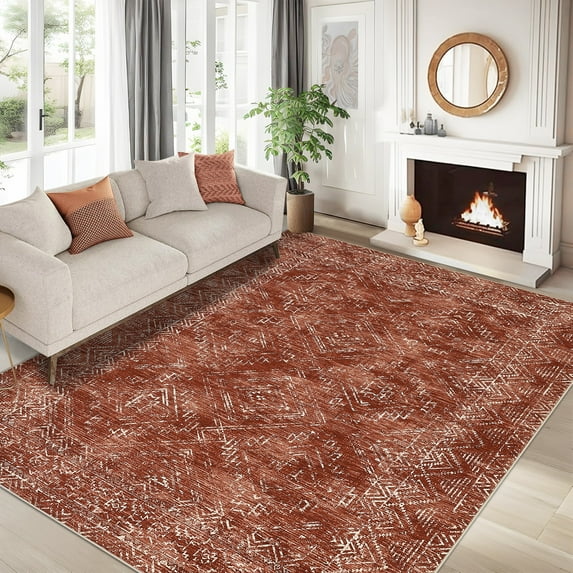 Garvee 8'x10' Modern Geometric Area Rug Washable Distressed Accent Carpet, Non Slip Rug Ultra-Soft Contemporary Indoor Floor Mat for Living Room Bedroom Home Decor, Red