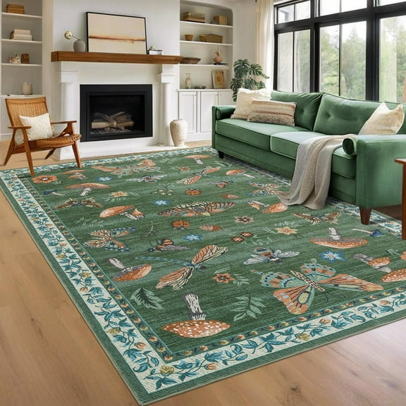 Garvee 8'x10' Modern Insect Floral Print Area Rug Washable Rugs, Stain-Resistant Non Slip Rug Foldable Indoor Carpet Low Pile Floor Mat for Living Room Bedroom Home Decor, Green