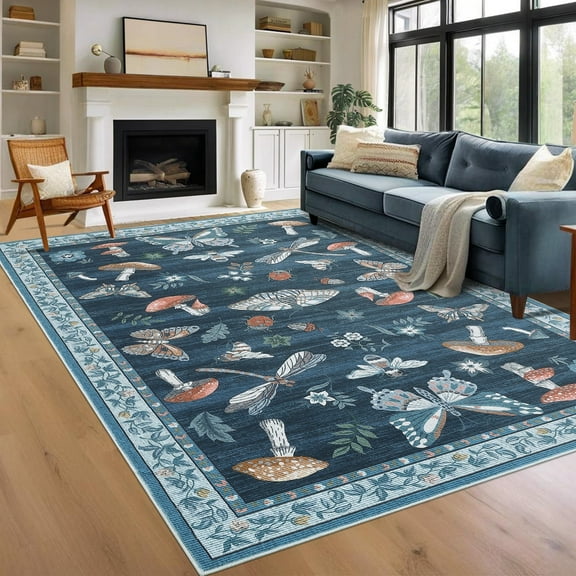 Garvee 8'x10' Modern Insect Floral Print Area Rug Washable Rugs, Stain-Resistant Non Slip Rug Foldable Indoor Carpet Low Pile Floor Mat for Living Room Bedroom Home Decor, Blue