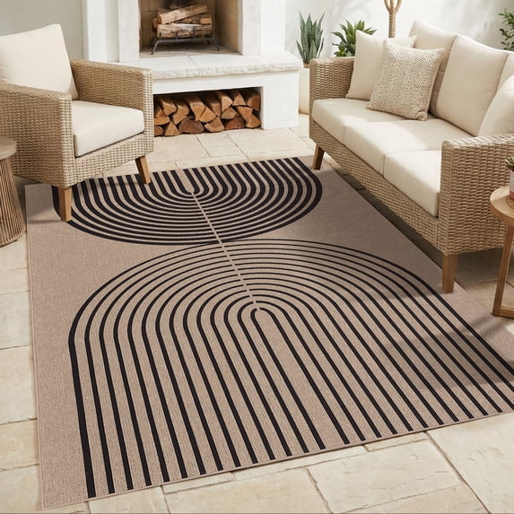 Garvee 8'x10' Modern Rainbow Area Rug Geometric Stripe Carpet, Washable Non Slip Rug for Living Room Bedroom Dining Room, Linen and Black