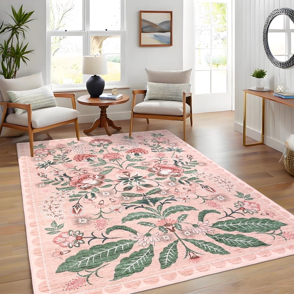 Garvee 8'x10' Modern Retro Floral Area Rug Washable Printed Carpet, Non Slip Low Pile Indoor Rug for Living Room Bedroom Dining Room, Pink