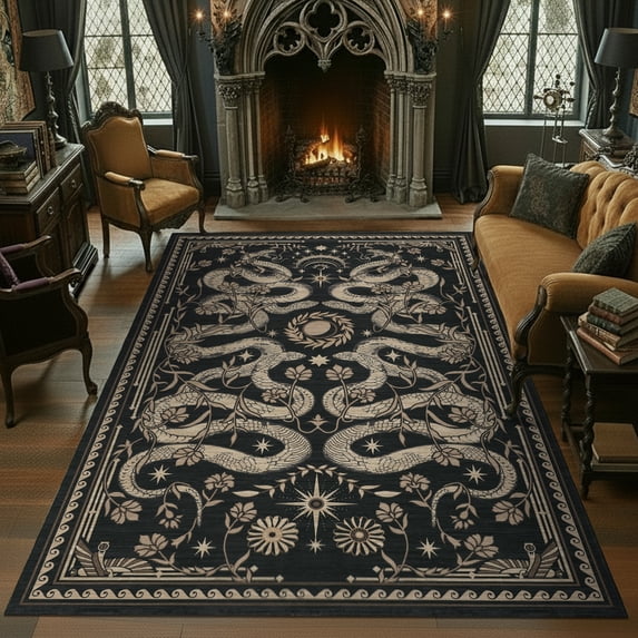 Garvee 8'x10' Modern Snake Printed Area Rug Washable Living Room Rug, Forest Low Pile Stain Resistant Rug Non Slip Carpet for Bedroom Dining Room, Black
