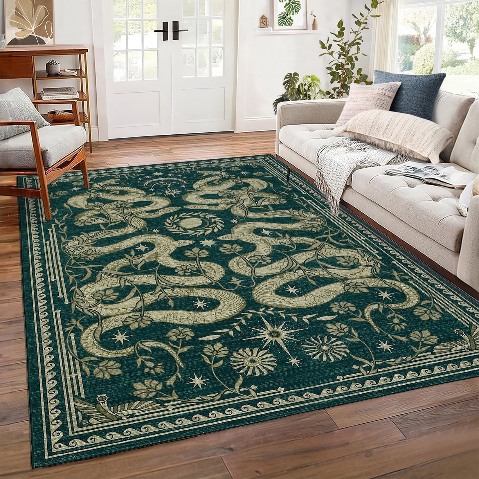 Garvee 8'x10' Modern Snake Printed Area Rug Washable Living Room Rug, Forest Low Pile Stain Resistant Rug Non Slip Carpet for Bedroom Dining Room, Blue