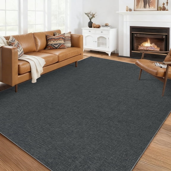 Garvee 8'x10' Modern Solid Color Area Rug Minimalist Woven Textured Carpet, Washable Rug Non Slip Low Pile Indoor Mats for Living Room Bedroom Dining Room, Black Gray