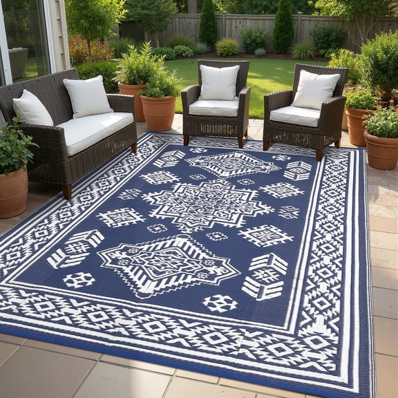 Garvee 8'x10' Outdoor Rug Boho Classic Outdoor Carpet, Reversible Plastic Outdoor Area Rugs Waterproof Straw Patio Rug RV Camping Mat for Deck, Porch, Beach, Backyard, Dark Blue
