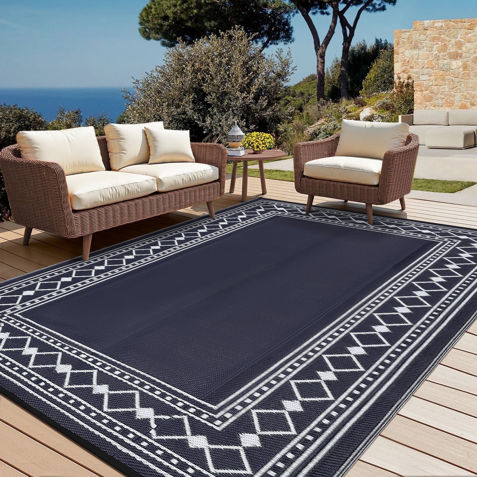 Garvee 8'x10' Outdoor Rug Modern Bordered Geometric Rug Waterproof Reversible Plastic Straw Rug for Patio Camping RV Balcony Backyard, Dark Blue