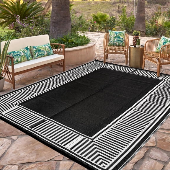 Garvee 8'x10' Outdoor Rug Waterproof Plastic Straw Rug, Modern Bordered Outdoor Carpet UV-Resistant Reversible Mat for Patio RV Deck Beach Porch, Black and White