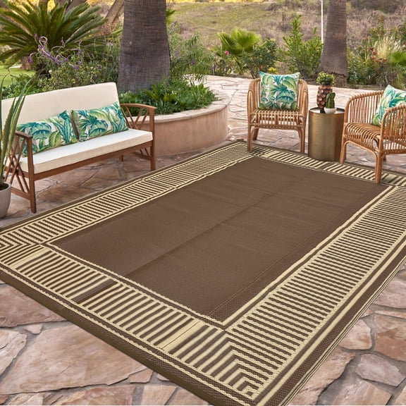 Garvee 8'x10' Outdoor Rug Waterproof Plastic Straw Rug, Modern Bordered Outdoor Carpet UV-Resistant Reversible Mat for Patio RV Deck Beach Porch, Brown