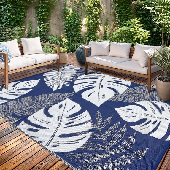 Garvee 8'x10' Outdoor Rug Waterproof Plastic Straw Rug, Modern Tropical Leaf Woven Carpet UV-Resistant Reversible Mat for Patio RV Deck Beach Porch, Dark Blue