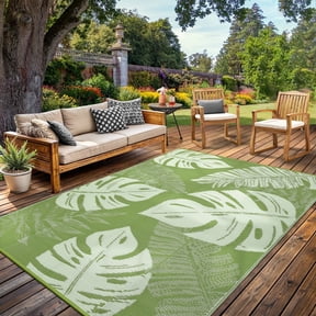 Garvee 8'x10' Outdoor Rug Waterproof Plastic Straw Rug, Modern Tropical Leaf Woven Carpet UV-Resistant Reversible Mat for Patio RV Deck Beach Porch, Light Green