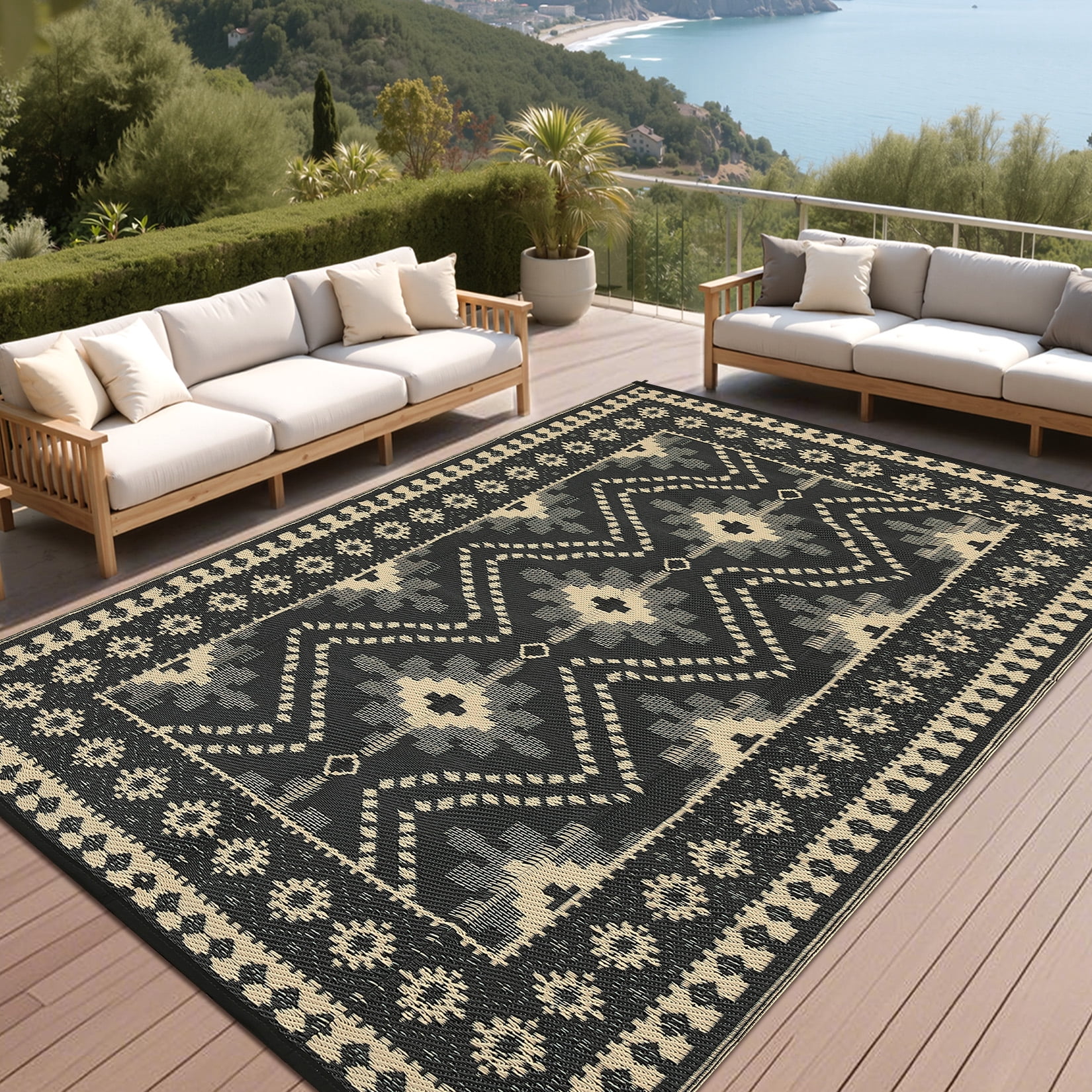 Garvee 8'x10' Outdoor Rug Waterproof Plastic Straw Rug, Reversible Camping Rugs Camping RV Mat Outside Vintage Diamond Carpet for Patio Deck Backyard Beach Picnic, Coffee