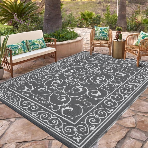 Garvee 8'x10' Outdoor Rug Waterproof Plastic Straw Rug, Reversible Outside Carpet UV Resistant Modern RV Mat for Backyard Garden Deck Poolside, Gray