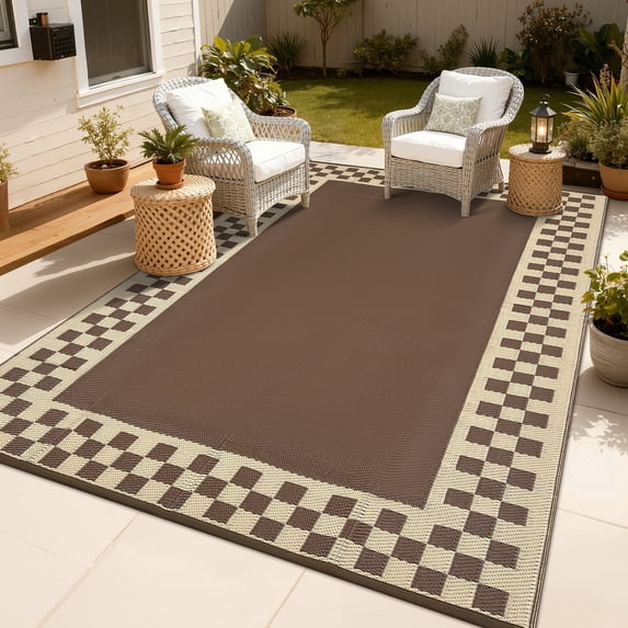 Garvee 8'x10' Outdoor Rug Waterproof Reversible Modern Geometric Neutral Outdoor Patio Rug, Plastic Straw Rugs Camping Carpet for Patio RV Balcony Deck Backyard, Brown