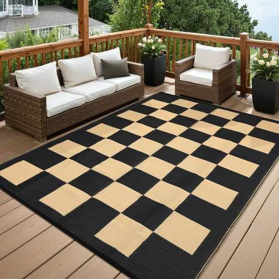 Garvee 8'x10' Plastic Outdoor Rug Checkboard Woven Outdoor Carpet, Geometric Plaid Rugs Reversible Outside Carpet for RV Camping Balcony Deck Backyard, Black & Coffee