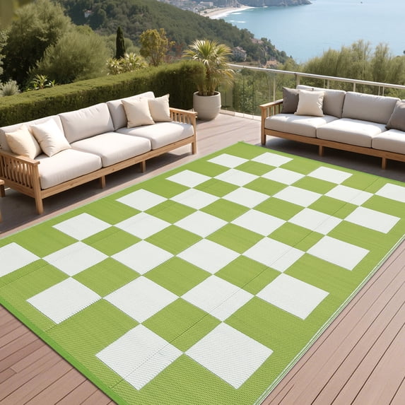 Garvee 8'x10' Plastic Outdoor Rug Checkboard Woven Outdoor Carpet, Geometric Plaid Rugs Reversible Outside Carpet for RV Camping Balcony Deck Backyard, Light Green
